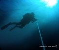   Diver decompressing ascent line one many wrecks South Florida area called Union Express. Photo taken Olympus 7070 wwide angle lens Inon strobe Express w/wide wide  